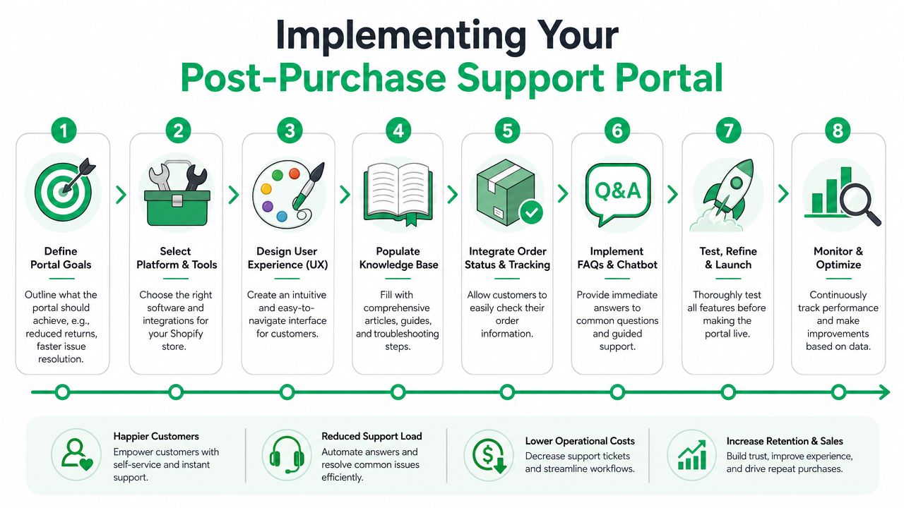 An eight-step infographic guiding businesses on how to implement a post-purchase support portal for customers.