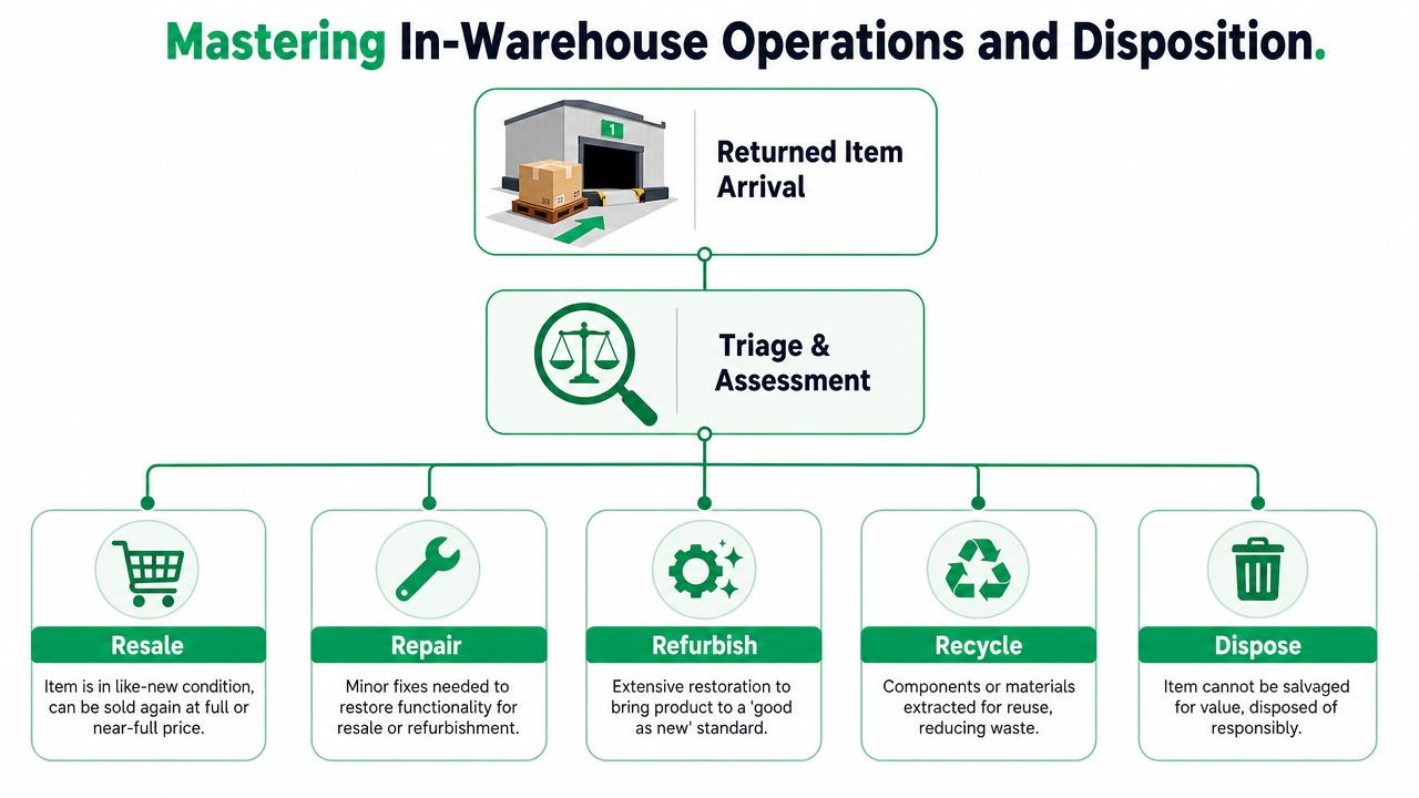 A flowchart showing the reverse logistics process, starting from returned item arrival to triage and various disposal options.