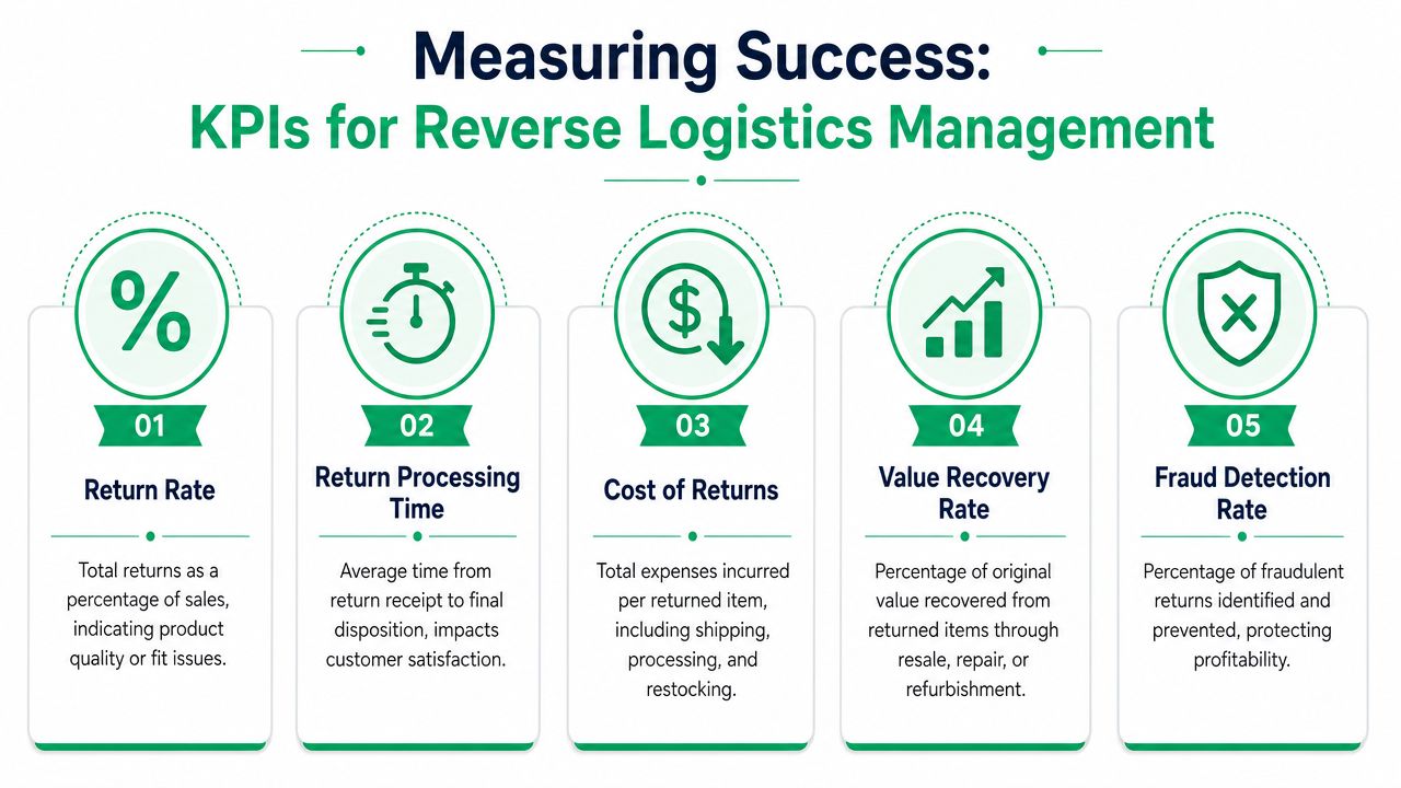An infographic detailing five key performance indicators used for measuring success in reverse logistics management.