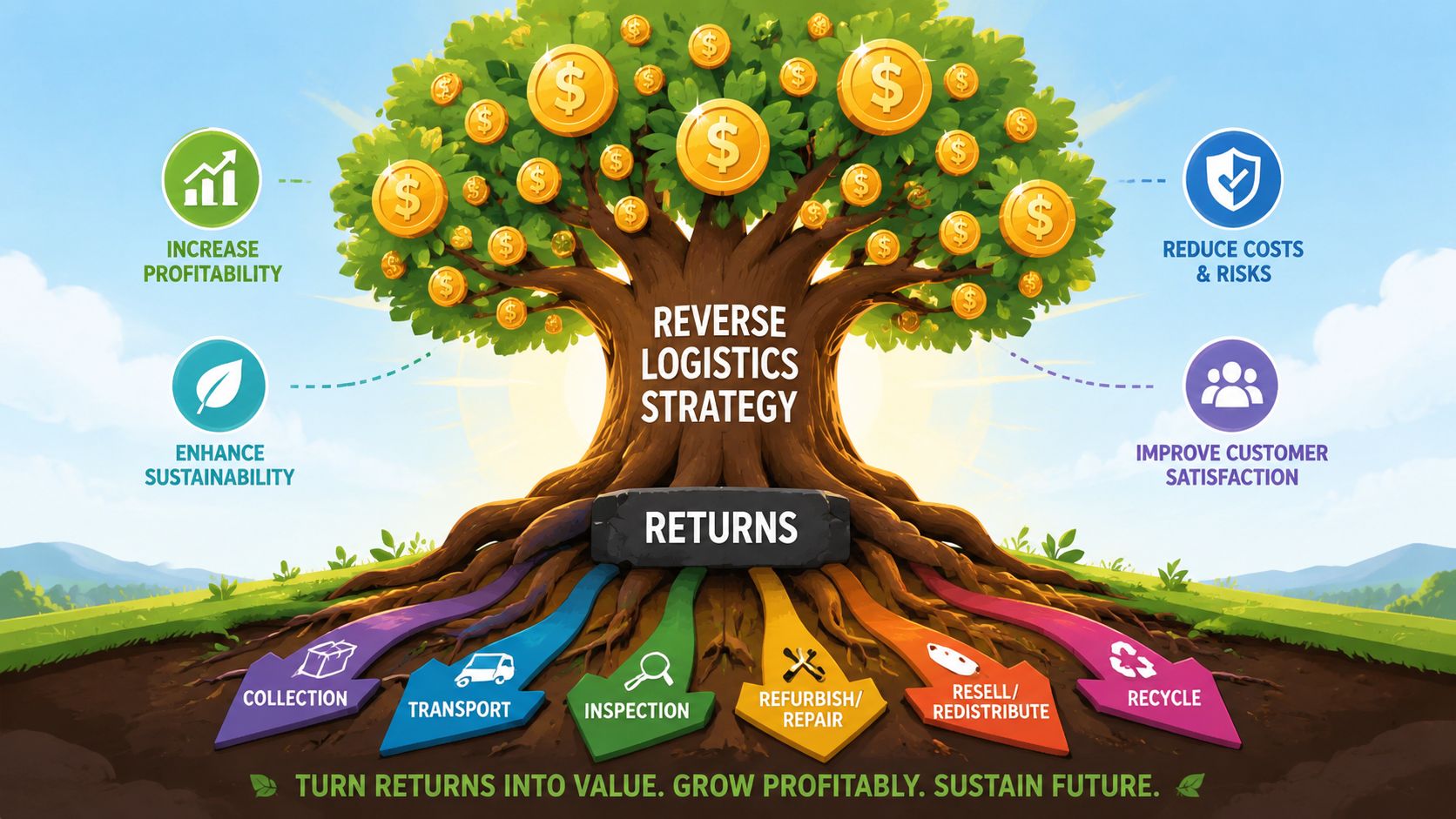 A diagram of a tree illustrating reverse logistics strategy with processes like collection, inspection, and recycling for profit.