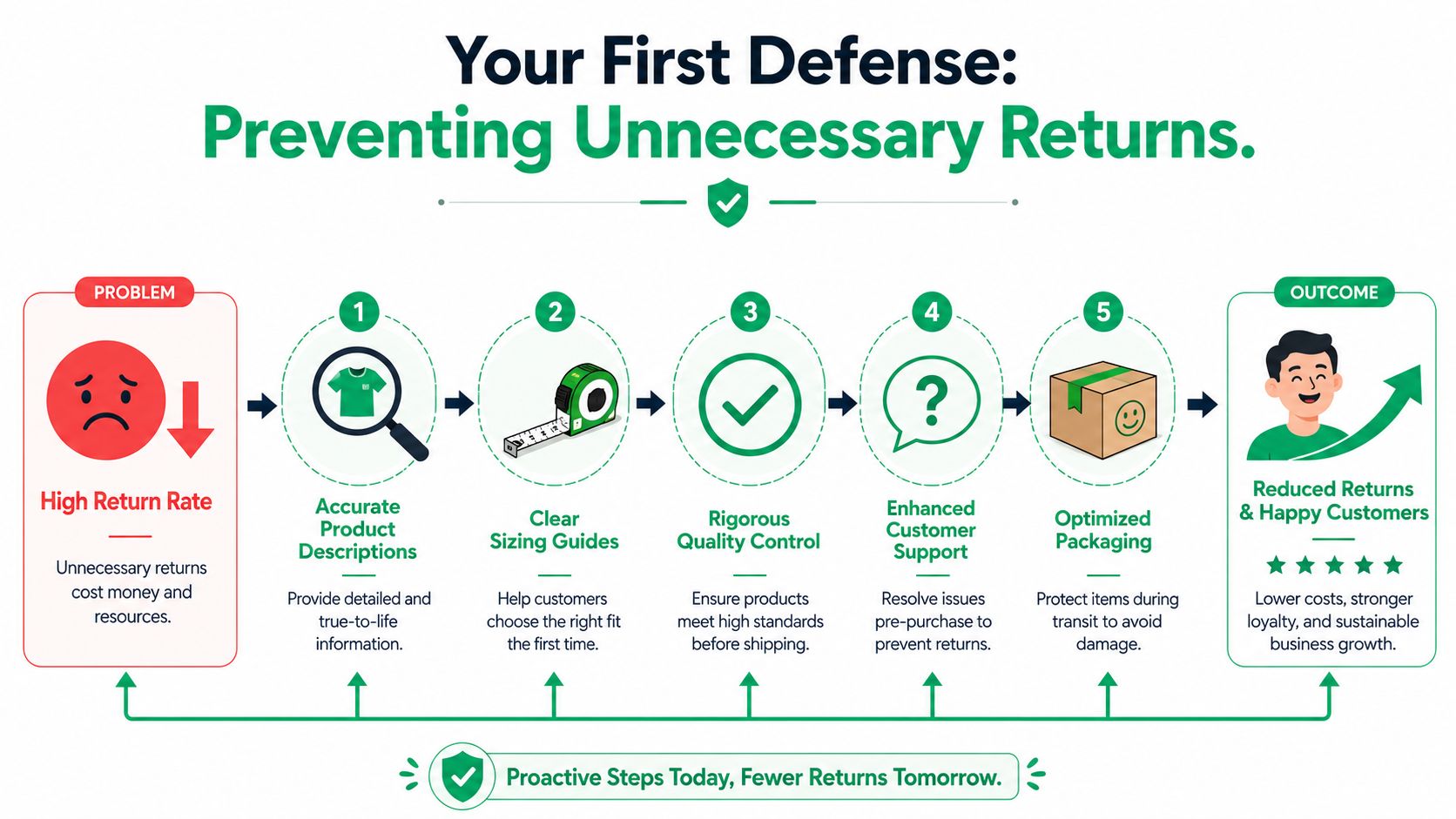 An infographic illustrating five proactive steps businesses can take to reduce high product return rates effectively.