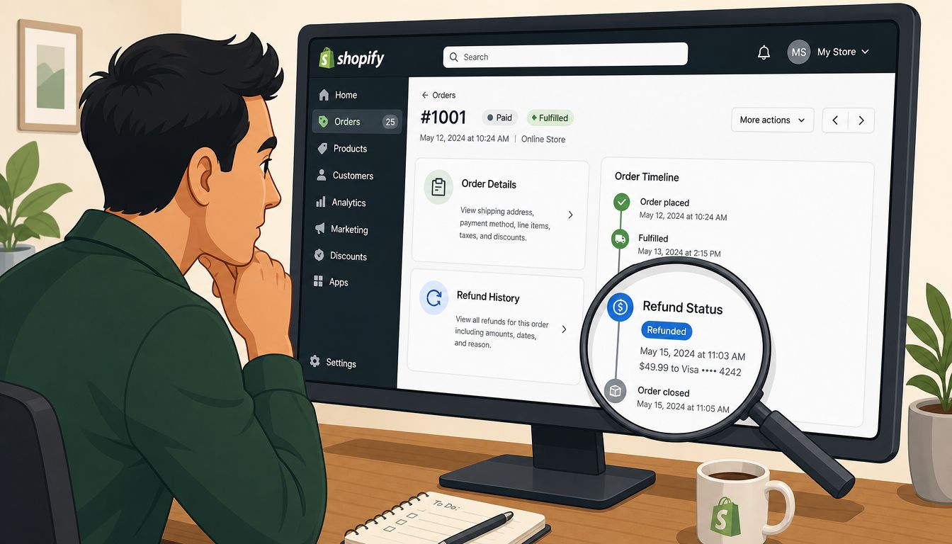 A person looking at a computer screen showing a Shopify order page with refund status details.