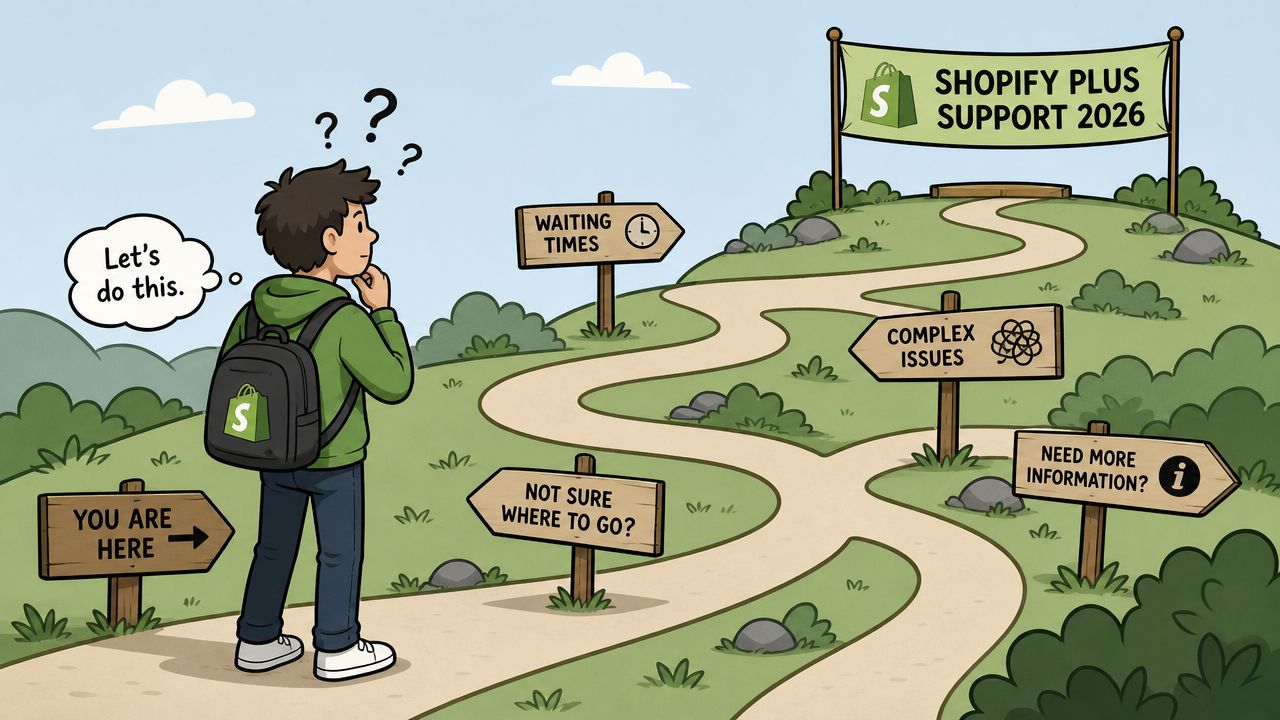 A person standing at a crossroads deciding between various paths related to Shopify Plus support services.