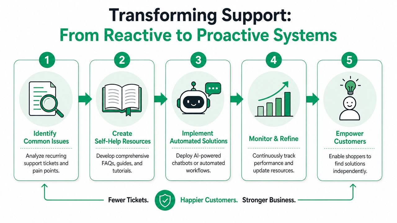 A five-step diagram illustrating the transformation of customer support from reactive to proactive service systems.