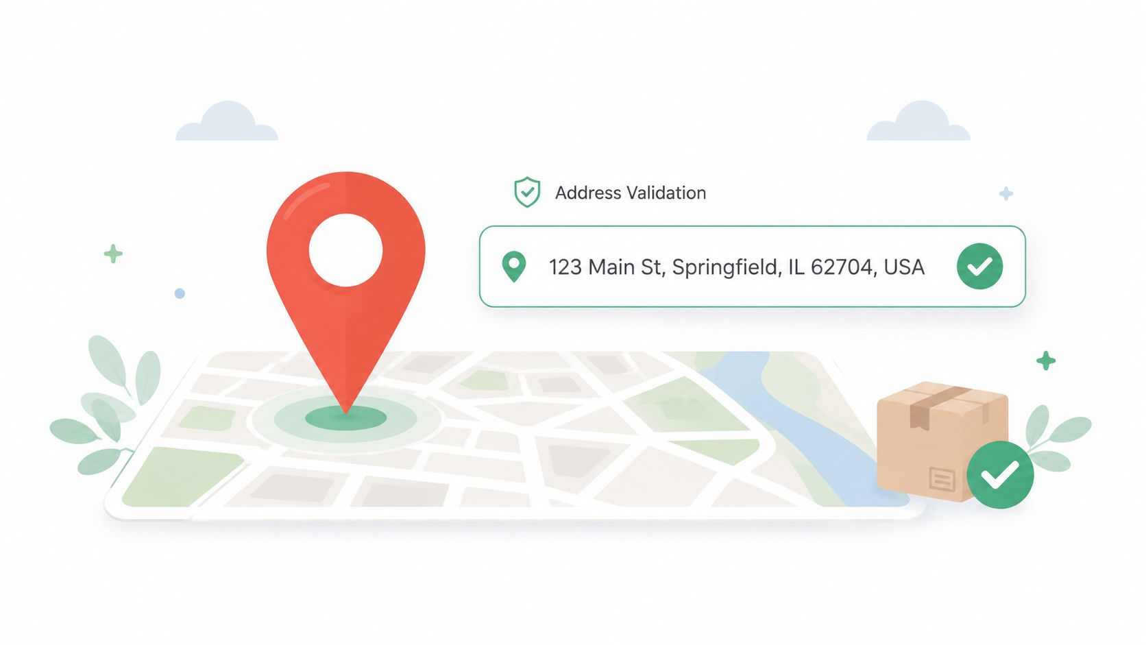 A map with a location pin and validated address next to a delivered shipping package icon.