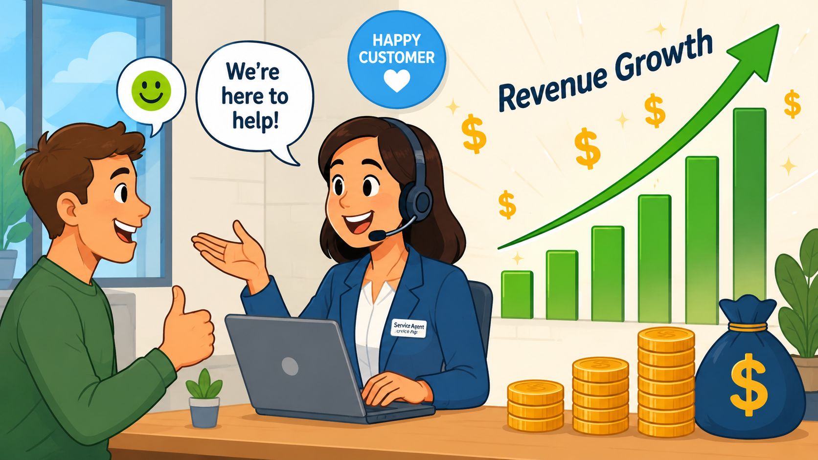 A friendly customer service agent helping a satisfied client with a digital revenue growth chart behind them.