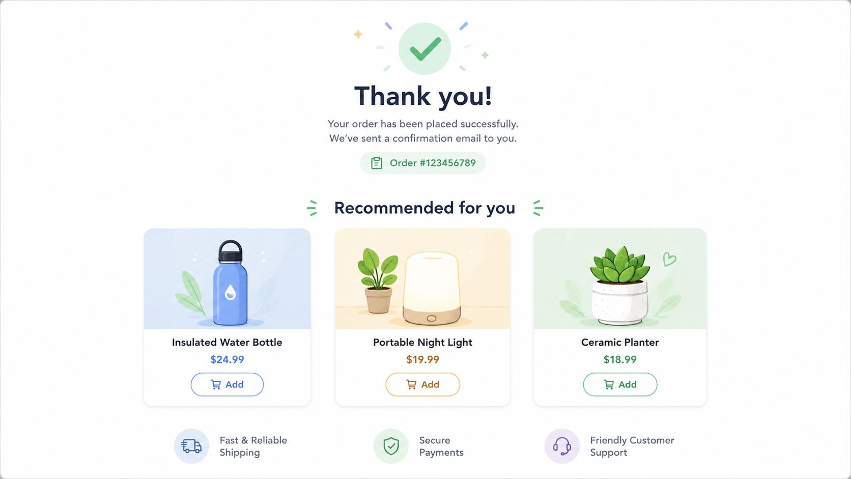 A successful order confirmation screen displaying a thank you message, order number, and recommended product items.