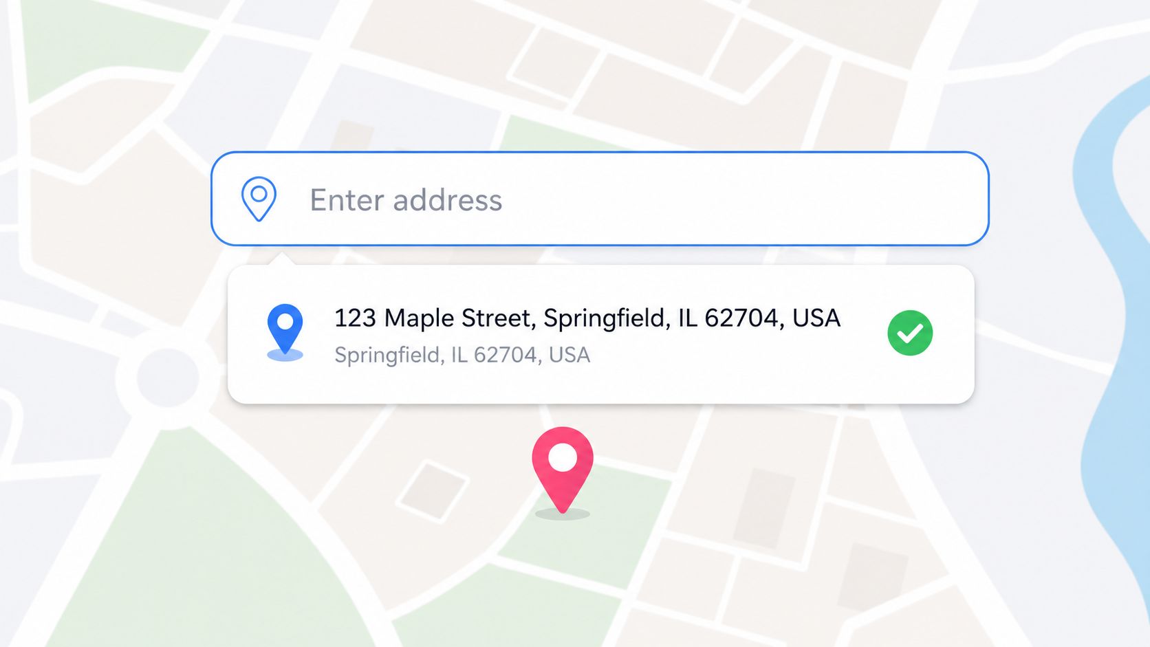 A map interface showing a search field and a selected address result with a location pin icon.