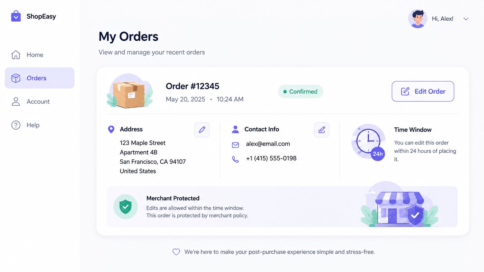 A user dashboard interface showing order details, contact information, and self-service edit options for customers.