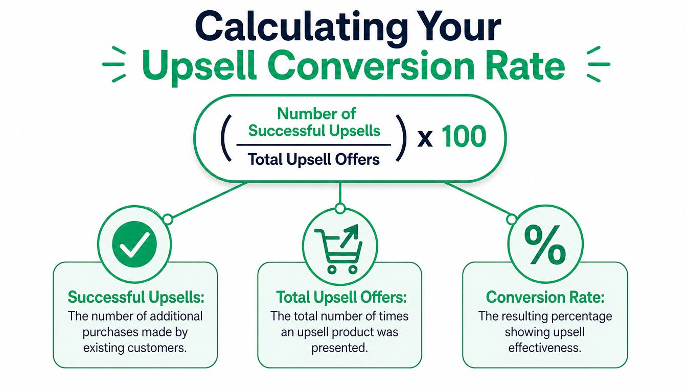 An infographic explaining how to calculate upsell conversion rates using a simple formula and clear definitions.