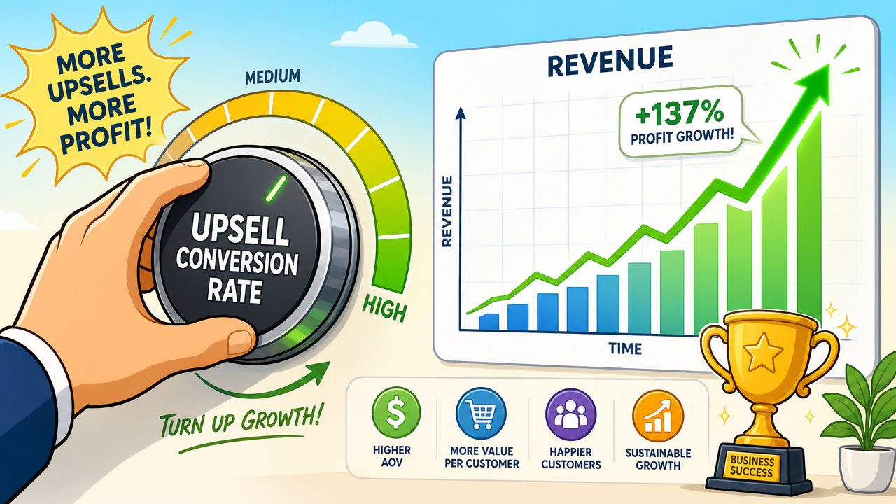 A hand turning a dial to increase upsell conversion rates, showing revenue growth and business success.