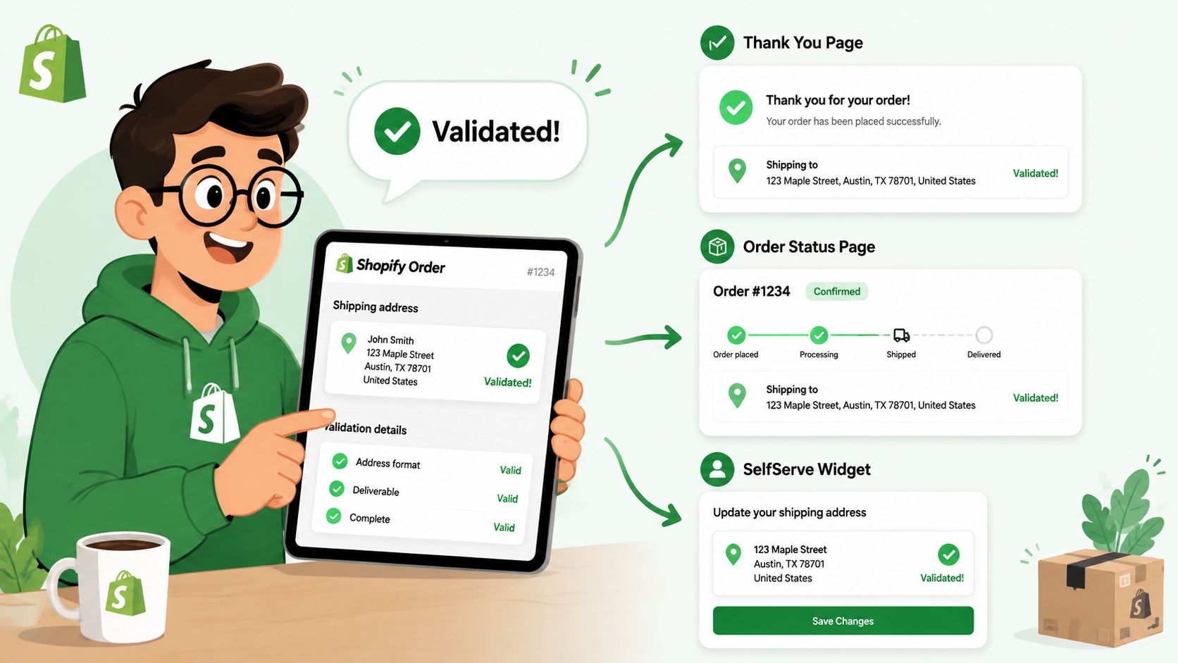 An illustration of a person holding a tablet showing international address validation status on a Shopify interface.
