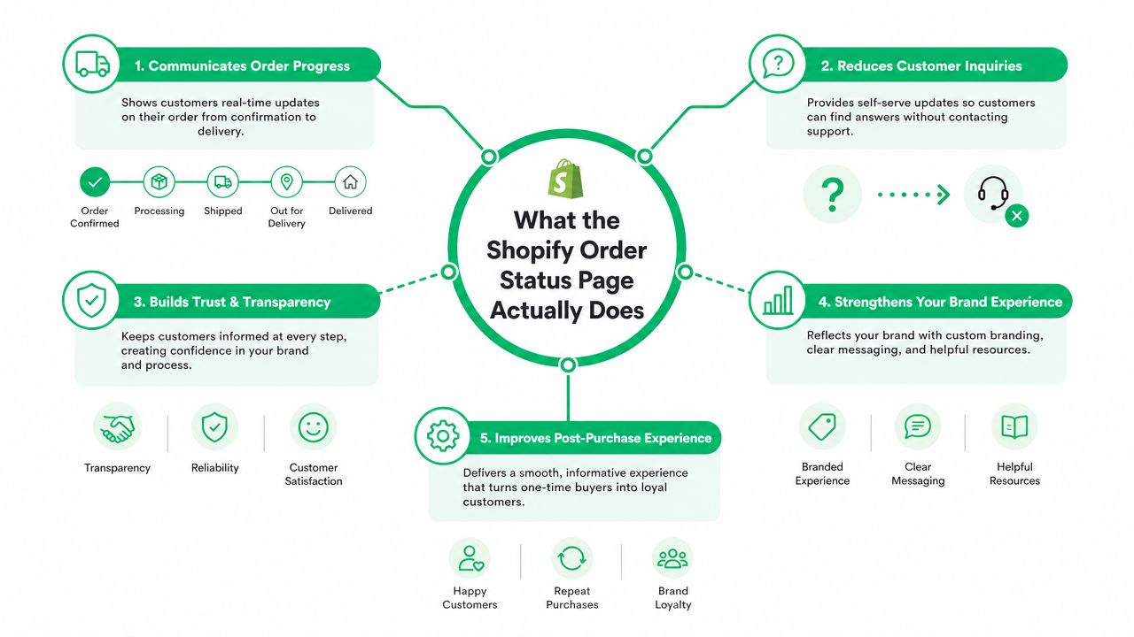 A diagram illustrating the five main benefits of using the Shopify Order Status Page for e-commerce.