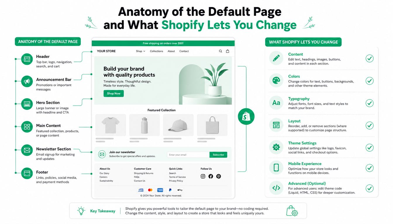 An infographic detailing the anatomy of a Shopify store page and the customizable design features available.