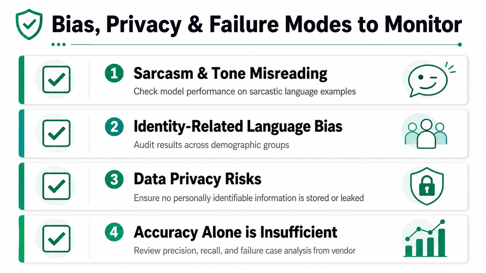 A list of four key points titled Bias, Privacy and Failure Modes to Monitor for AI systems.