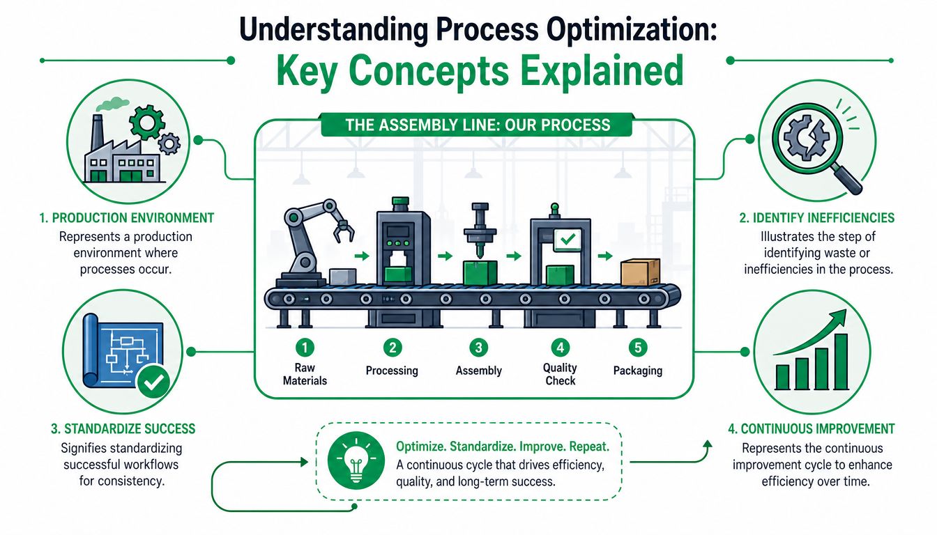 A diagram illustrating the key concepts of process optimization including production, identification of inefficiencies, standardization, and continuous improvement.