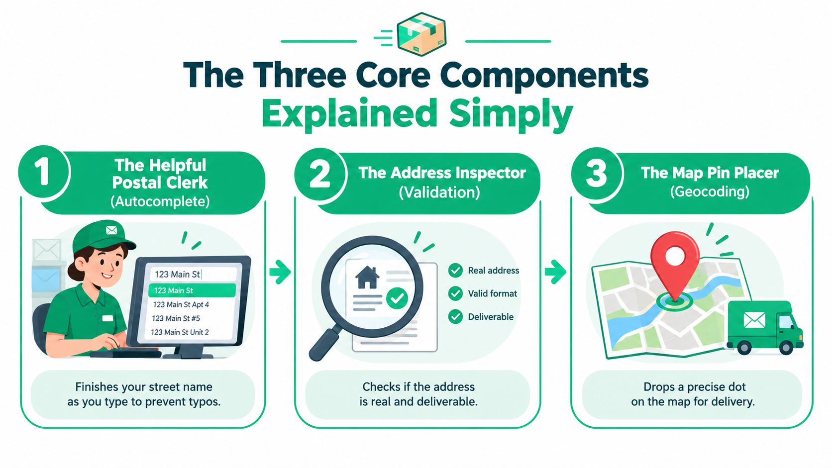 A diagram explaining the three core components of address validation: autocomplete, verification, and geocoding for delivery.