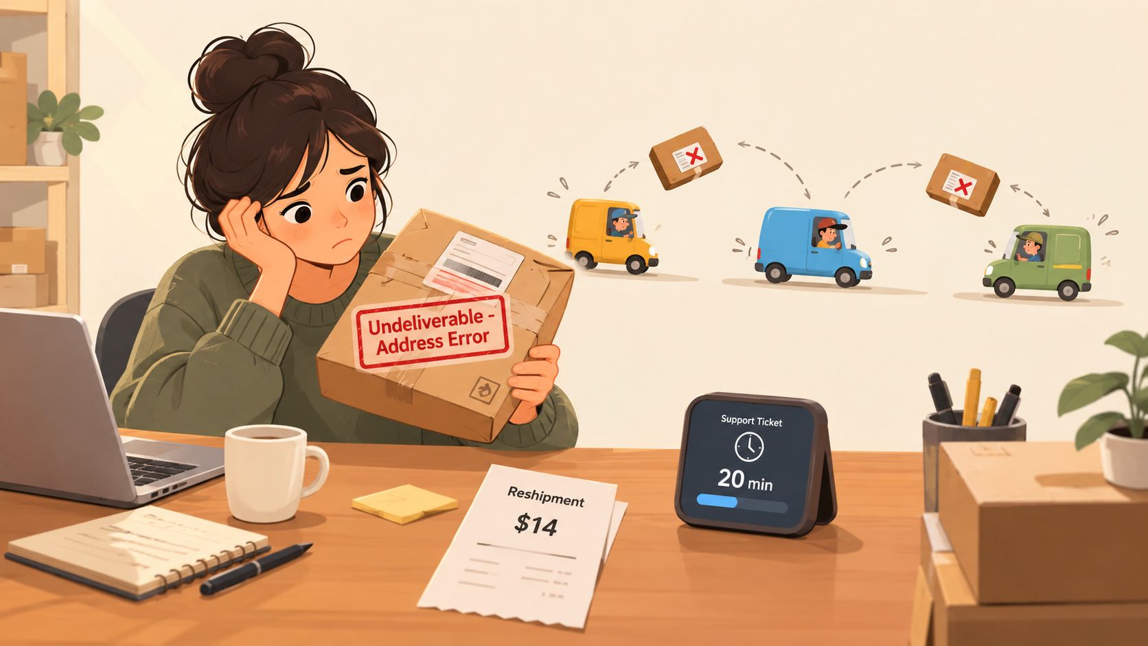 An illustration of a frustrated woman holding a returned package marked as undeliverable due to an address error.
