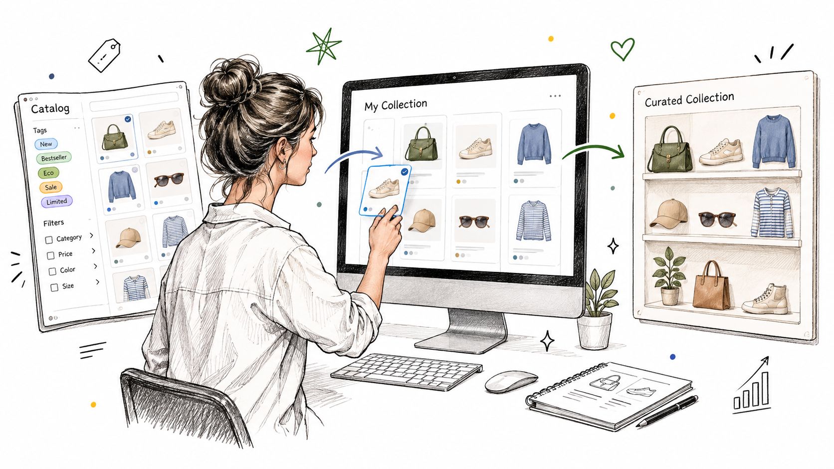 A woman interacting with a digital interface to curate fashion items into a virtual shop collection display.