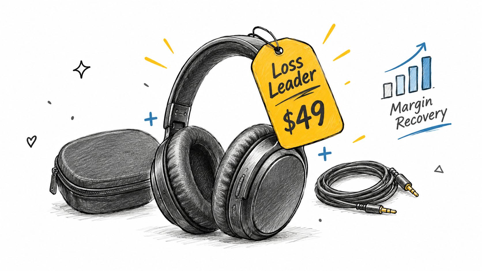 A digital sketch of black wireless headphones with a yellow price tag labeled Loss Leader $49 alongside accessories.