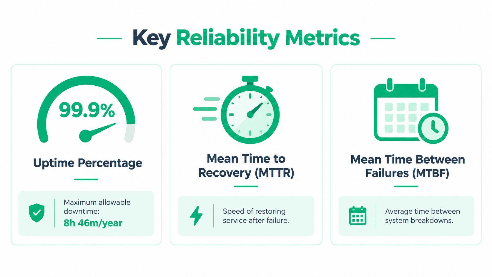 A graphic explaining key reliability metrics including Uptime Percentage, MTTR, and MTBF with icons and descriptions.