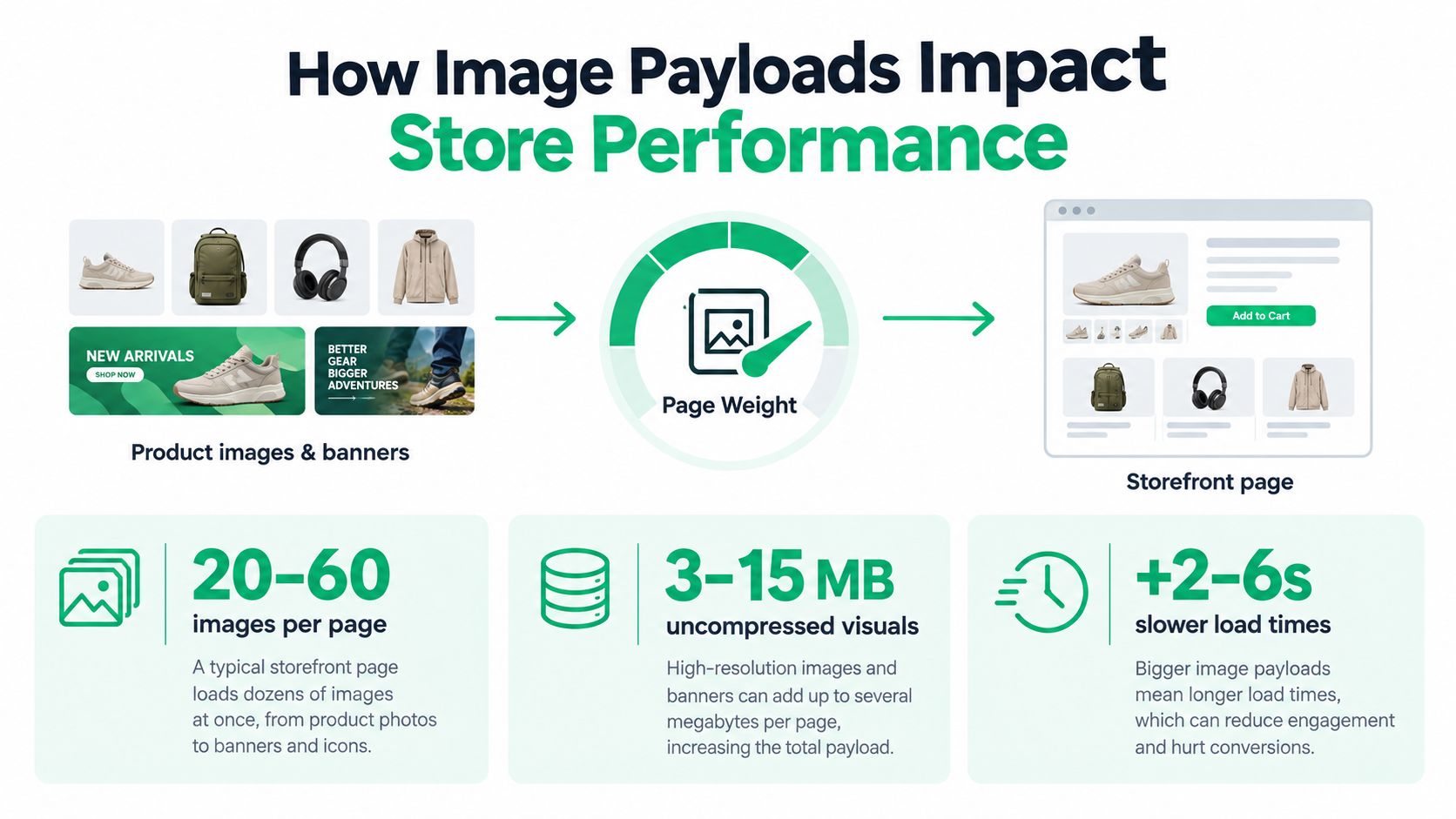 A diagram illustrating how large image payloads negatively impact website store performance and page load speeds.