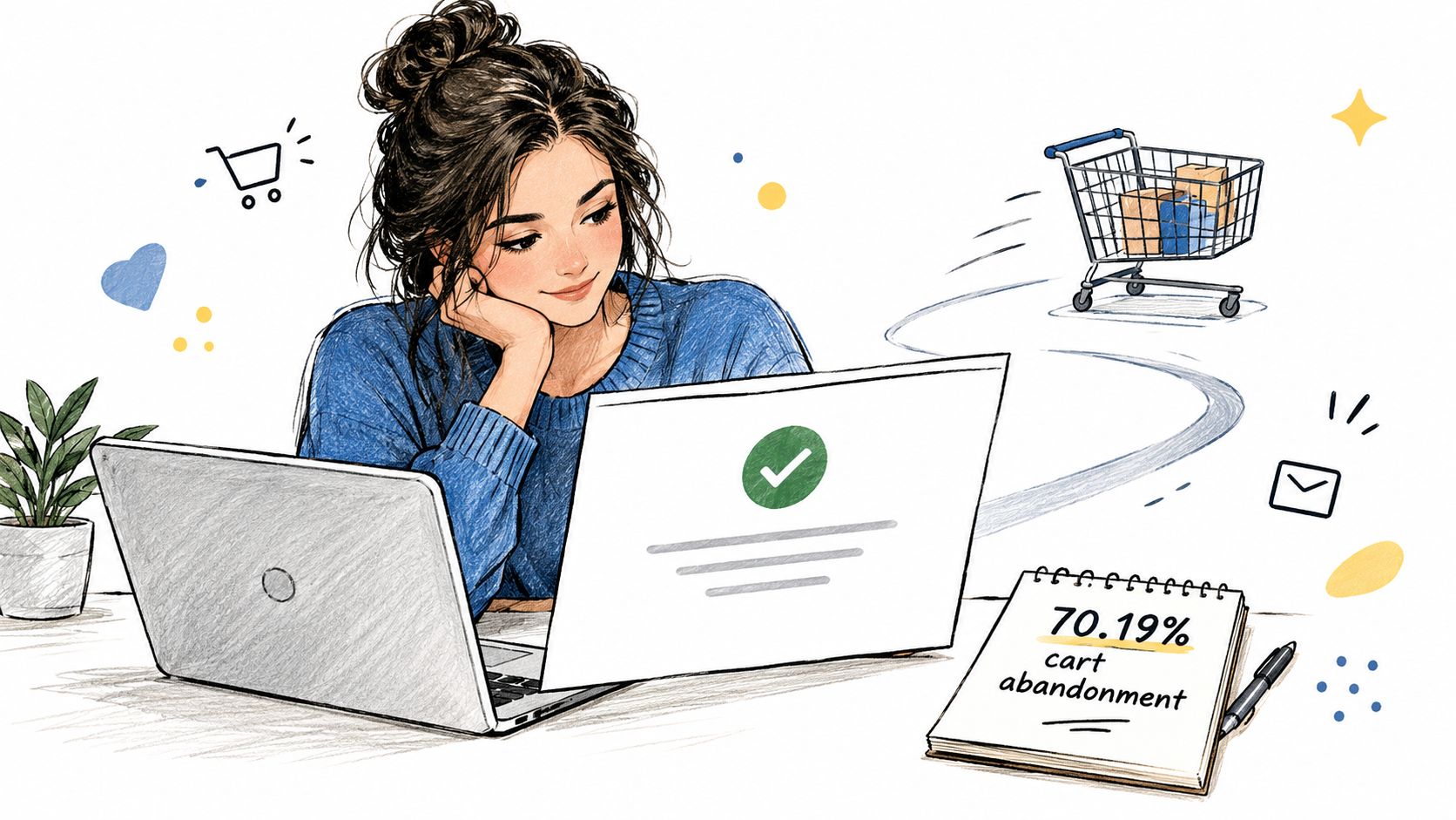 A woman working on a laptop with an order confirmation screen and a shopping cart illustration.