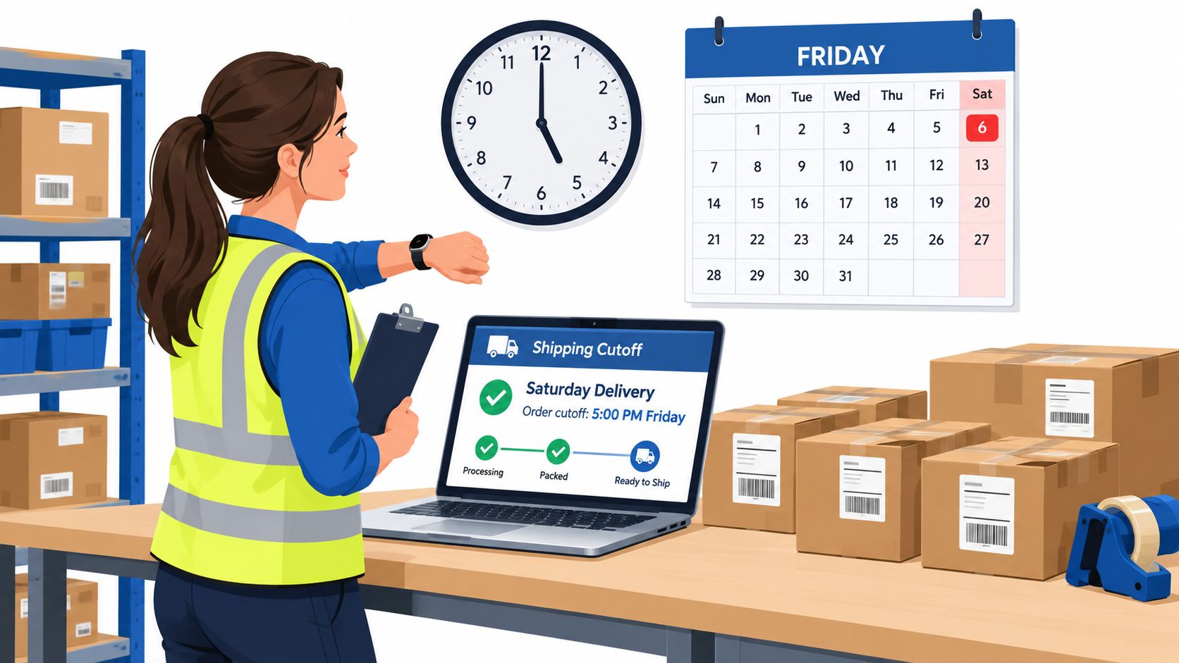 A warehouse worker checking the time on a watch in front of a laptop showing shipping information.