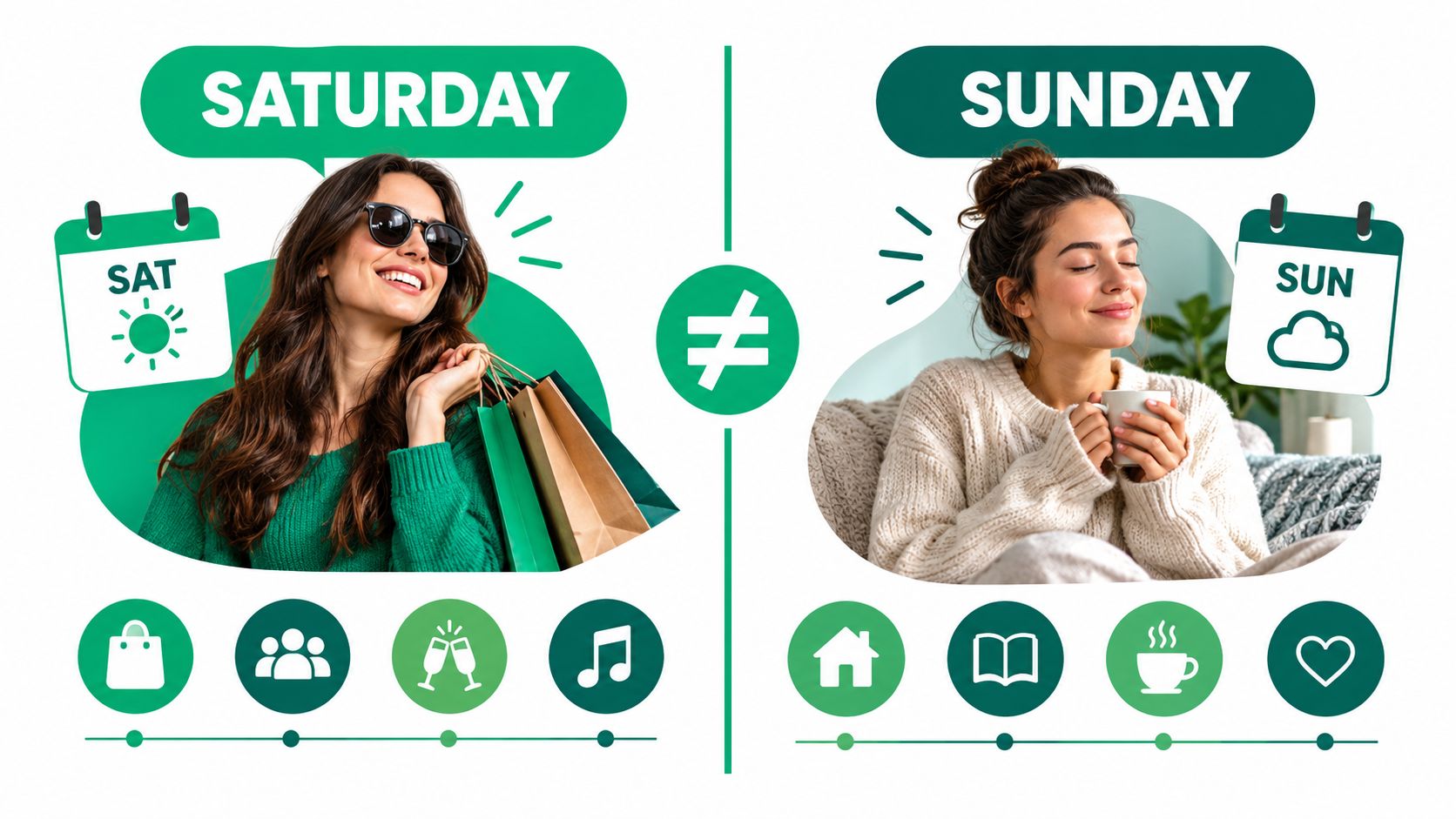 Comparison of a busy, social Saturday featuring shopping and leisure versus a calm, cozy Sunday indoors.