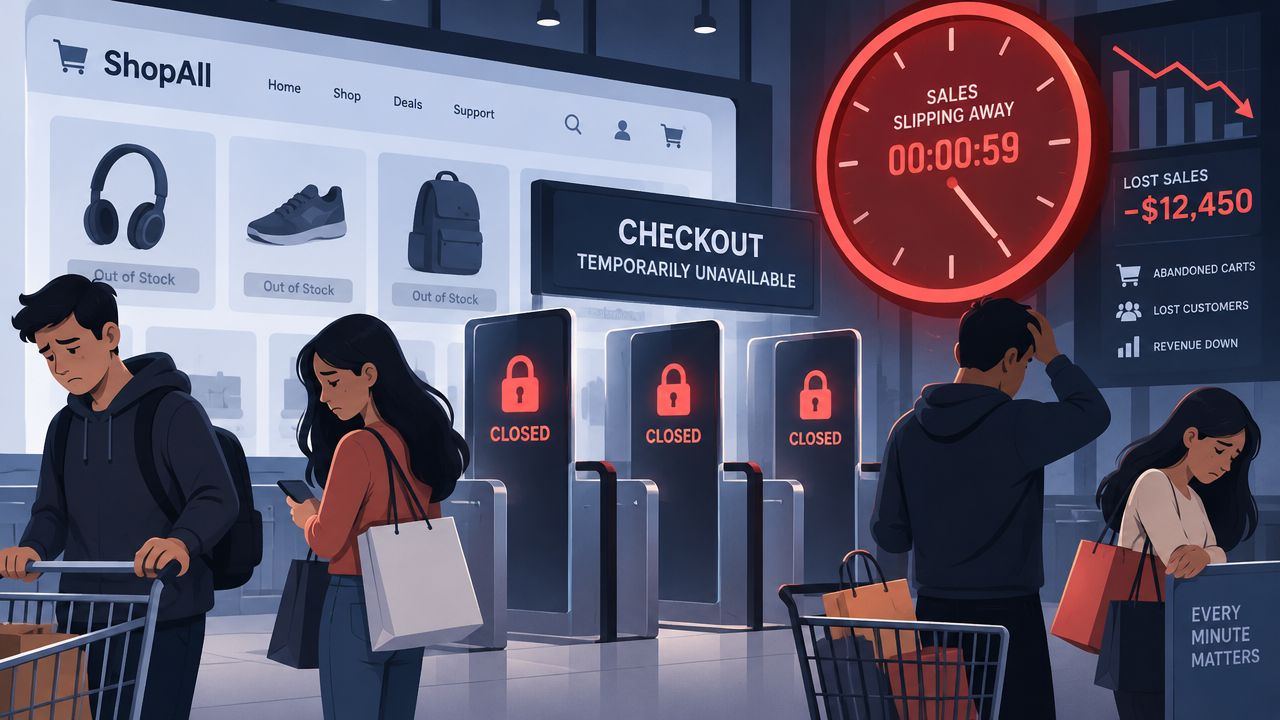 Frustrated shoppers stand before closed digital checkout gates under a ticking countdown clock indicating failed e-commerce sales.