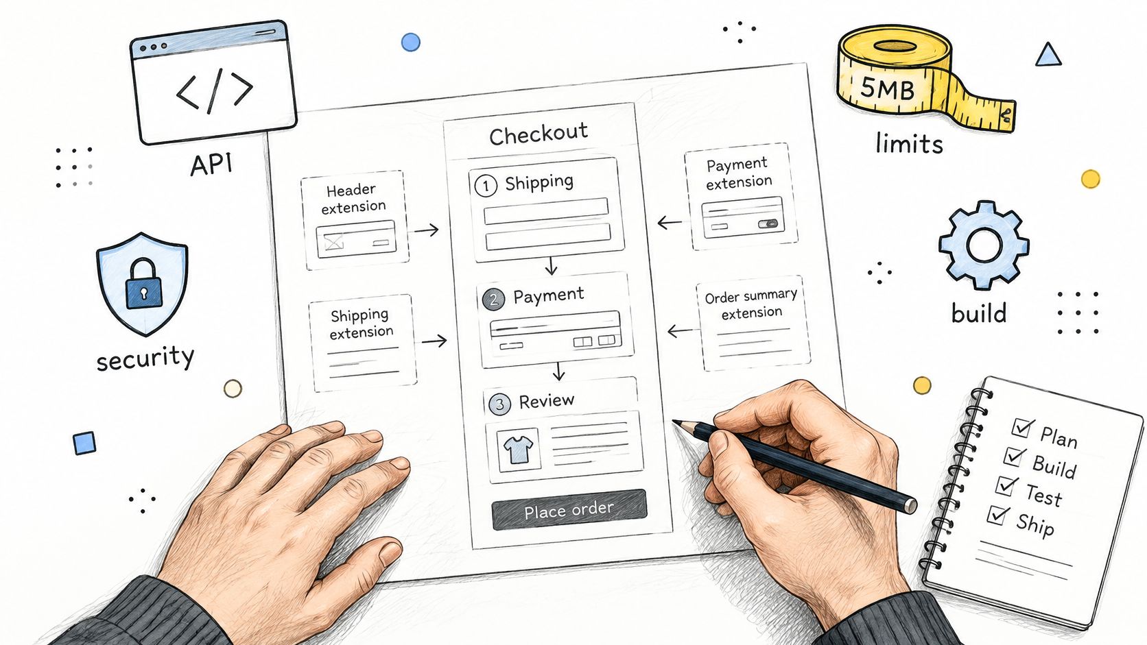 A hand-drawn illustration showing a person customizing a Shopify checkout flow with various modules and extensions.